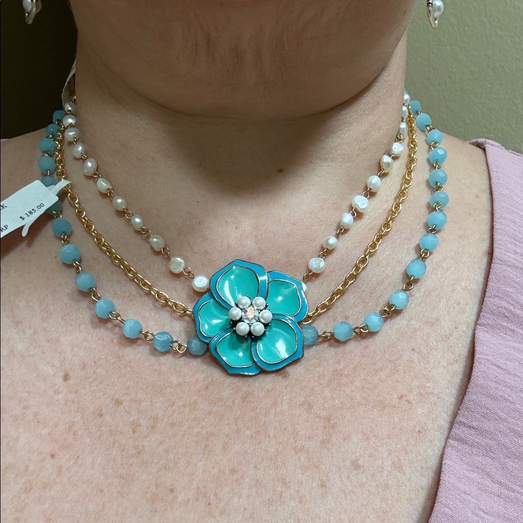 Chic Turquoise Floral Necklace With Pearls